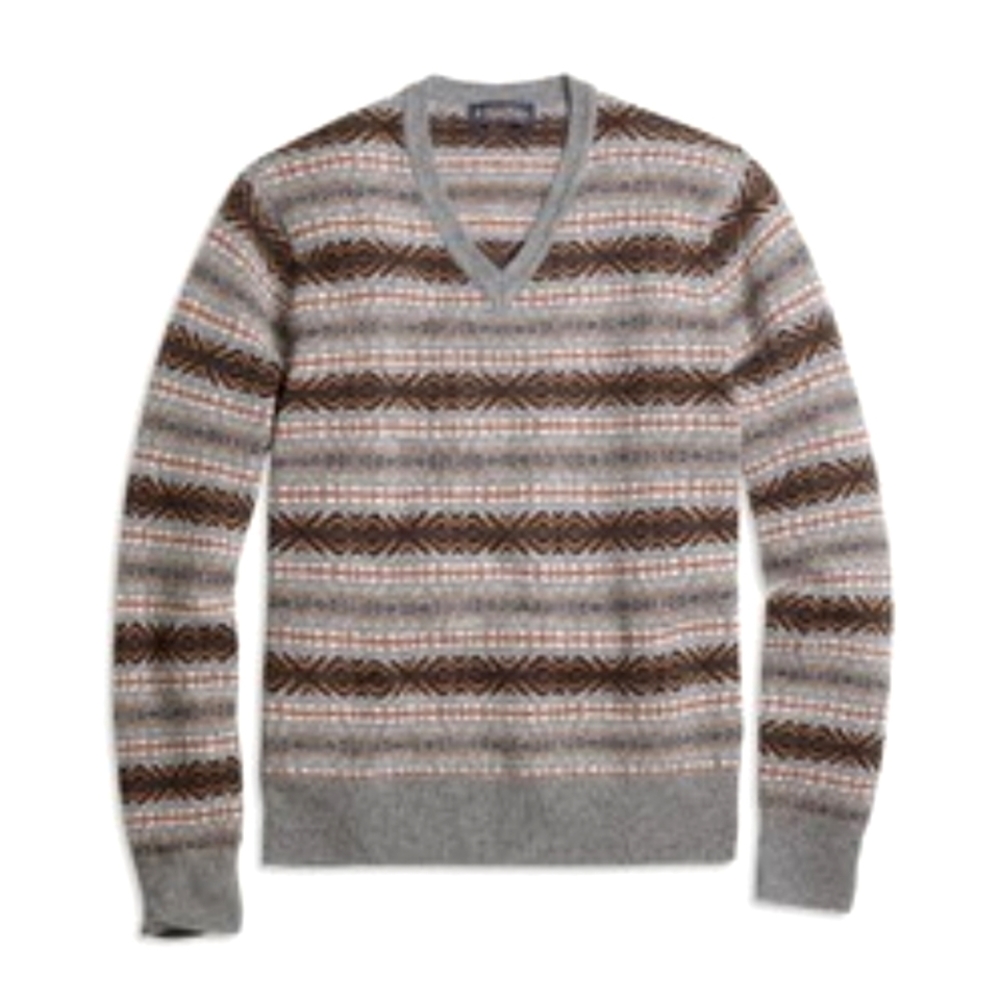 Brooks Brothers Men's Fair Isle V Neck Lambswool Sweater in Grey Combo Medium